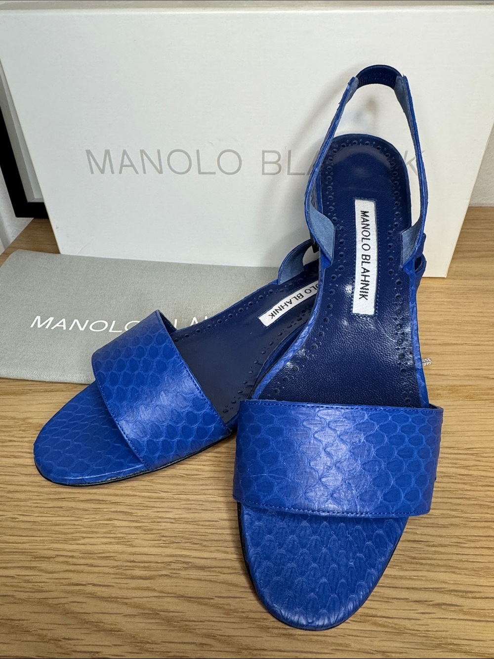 Manolo Blahnik Electric Blue Textured Snake Leather Slingback Patopia Sandals